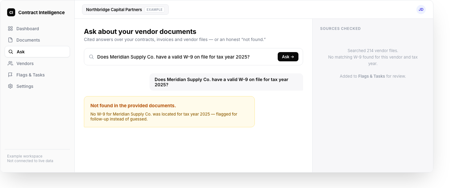 Concept UI: Ask screen showing the honest-refusal state for 'Does Meridian Supply Co. have a valid W-9 on file for tax year 2025?' with 'Not found in the provided documents' and the item added to Flags & Tasks.